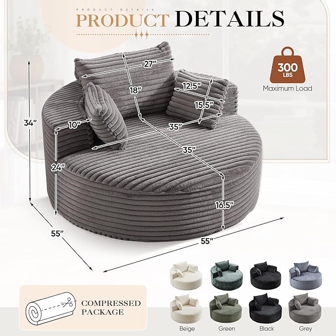 JEEOHEY Modern Round Accent Sofa Chair for Living Room, Upholstered Corduroy Barrel Lounge Arm Chair with Large seat&Throw Pillows for Bedroom, Office, Apartment, Grey