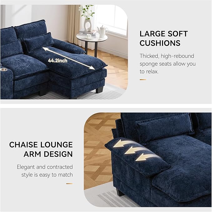 125'' U Shaped Cloud Modular Sofa with Chaise Lounges, Upholstered Comfy Sectional Couch with Storage Console, USB Charging & Cup Holders, Small Deep Seat Sofa for Living Room, Sherpa- Chenille Navy