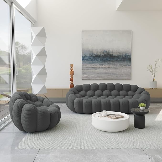 JACH 3 Seater Bubble Sofa and Single Seat Curved Couch, Comfy Upholstered Sofa, Mesh Fabric 3D Honeycomb Shape Modern Couch for Living Room, Office, Apartment, Small Space (Grey)