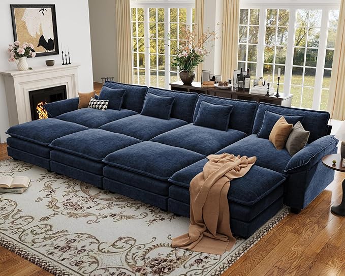 CDCASA 154" Oversized Modular Sectional Sofa Bed, Comfy Cloud Couch w/ 4 Movable Ottoman, 8-Seater Chenille Deep Seat Sofa Bed Modern Sofa Couch for Living Room, DIY Combination, Blue