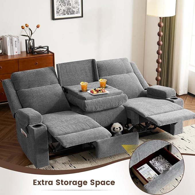 PALLOME 2 Piece Living Room Sofá Set, Modern Chenille Reclining Sofa Set with Convertible Center Console & Storage Ottoman, Space-Saving Couch for Home/Bedroom/Apartment (Grey)