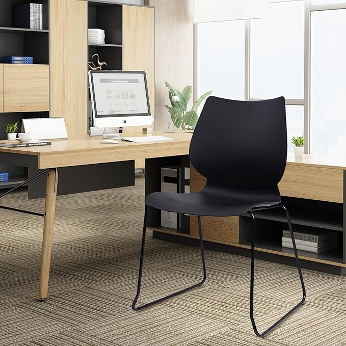 Stacking Chairs, Stackable Waiting Room Chairs, Conference Chair with Back & Church Chair No Wheels with Metal Legs, Suitable for Offices Conference Training Waiting Room Set of 8, Black