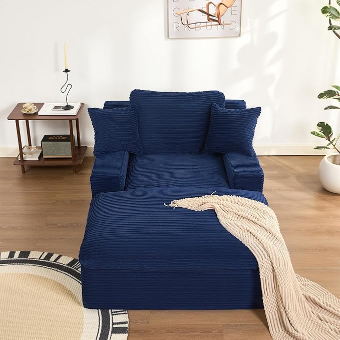 63" Oversized Boneless Chaise Lounge Chair, Extra Cloud Layer, Convertible Sleeper Sofa Couch with Removable Pillows & Side Pockets, Corduroy Upholstered Sofa Bed with Armrests for Living Room, Blue