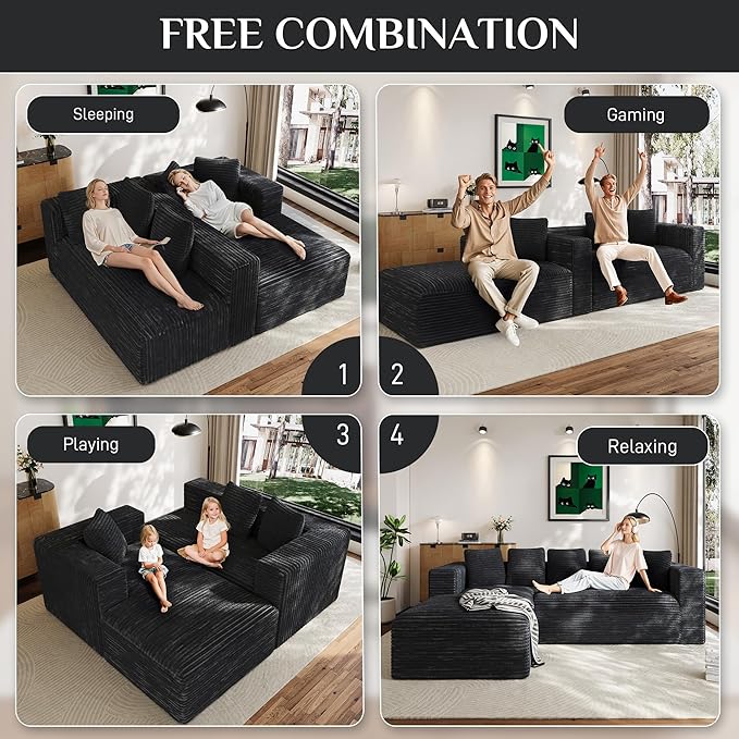 Modular Sectional Sofa, 107" L Shaped Cloud Couch Plush Corduroy Deep Seat Boneless Sofas with 5 Pillows Long Chaise Lounge Couches Memory Foam for Living Room - Dark Grey, Left Facing Chaise