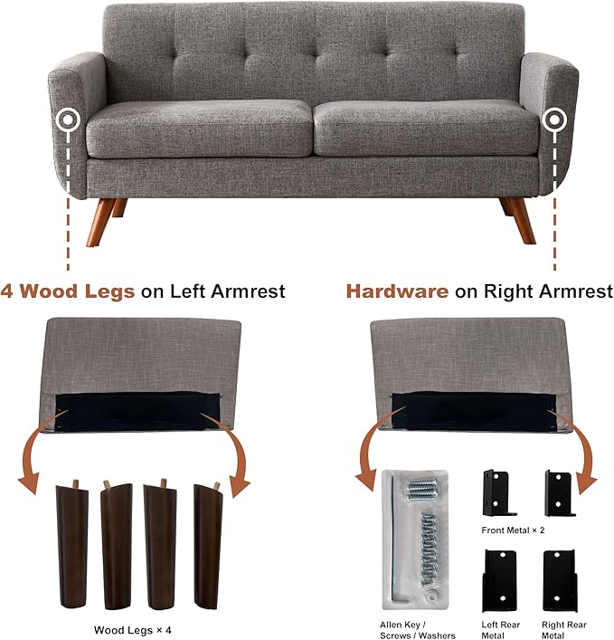 Tbfit 65" W Loveseat Sofa, Mid Century Modern Love Seat Couches for Living Room, Button Tufted Upholstered Small Couch for Bedroom, Solid and Easy to Install Love Seats Furniture, Grey | linen fabric, button tufted, solid wood foot, pocket spring, wood...