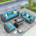 RADIATA 7 Piece Wicker Patio Furniture Set with Fire Pit, All-Weather Outdoor Sectional Couch High Back Large Size, Modular Backyard Seating Sofa Set with Propane/Natural Gas Firepit Table, Grey&Teal