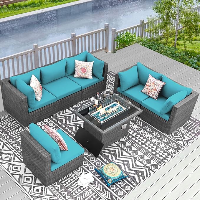 RADIATA 7 Piece Wicker Patio Furniture Set with Fire Pit, All-Weather Outdoor Sectional Couch High Back Large Size, Modular Backyard Seating Sofa Set with Propane/Natural Gas Firepit Table, Grey&Teal