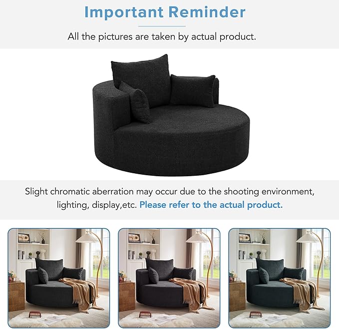 Merax 360° Swivel Chair, Chenille Fabric Accent Barrel Chair, Swivel Round Sofa Chair with 3 Removable Pillows for Living Room, Bedroom, Office and Hotel, Black