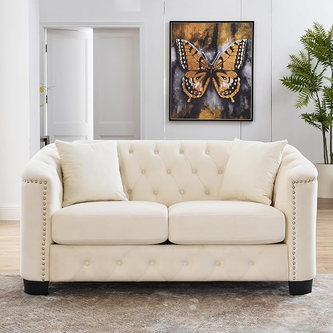 mikibama Modern Chesterfield Velvet Loveseat Sofa, 59 Inch Sectional Sofa, Luxury 2 Seater Upholstered Tufted Couch with Nailhead Arms and 2 Pillows for Living Room, Bedroom, Apartment(Beige)