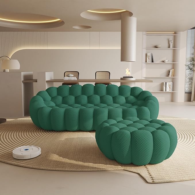 WJShome Modular Sectional Sofa,Bubble Couch,Comfy Curved Couch Living Room Sets,Modern Upholstered Bean Bag Sofa Mesh Fabric Lazy Floor Chair Living Roon Sets (Green, 3 Seater+Ottoman)