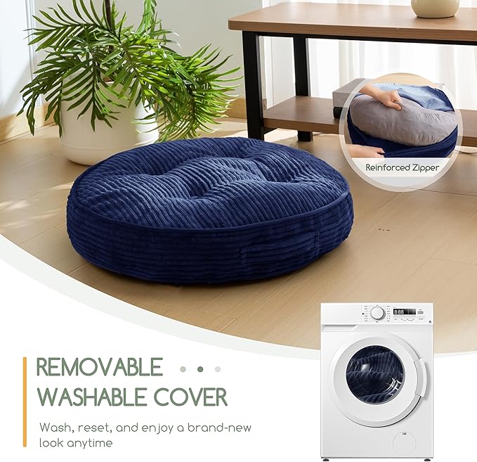 HIGOGOGO Washable Floor Pillow Cushion for Adults, Meditation Cushion Pillow, Large Round Floor Sitting, Removable Tufted Corduroy Cover, for Tatami Living Room or Yoga, 22x22 Inch, Machine Washable