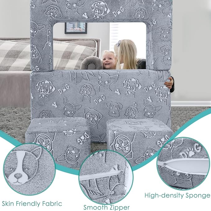 MeMoreCool Kids Sofa Couch, Glow-in-The-Dark Plush Cover, Convertible Foam Loveseat with Armrests & Pocket, Gray Dog Pattern, Playroom & Bedroom Children’s Furniture, 39" x 20" x 16"
