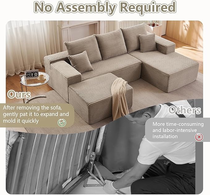 Lakifun 107" U-Shape Cloud Couch, Modern Modular Sectional Comfy L-Shape Sofa with Ottoman, Deep Seat, Upholstered Corduroy Sleeper Chaise Longue for Living Room Bedroom, No Assembly Required, Camel