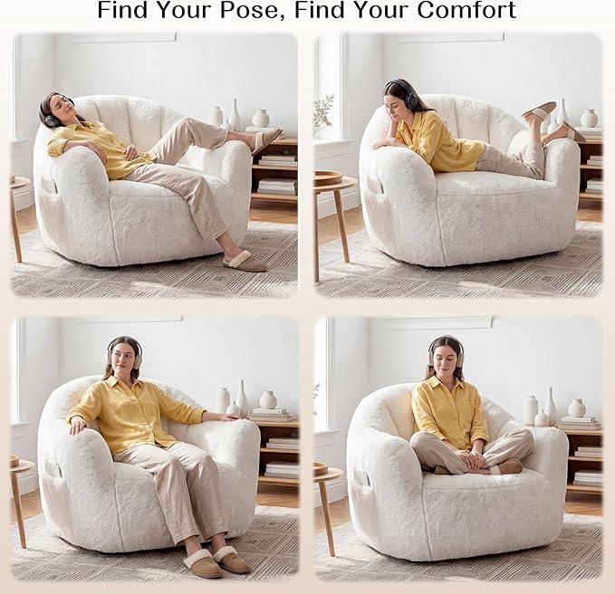 Homkdom Bean Bag Chair, Giant Bean Bag Chair for Adults, Shell-Shaped Bean Bag Couch with Armrests & Side Pockets, Comfy Beanbag Lazy Couch Reading Chair for Bedroom, Living Room, Beige