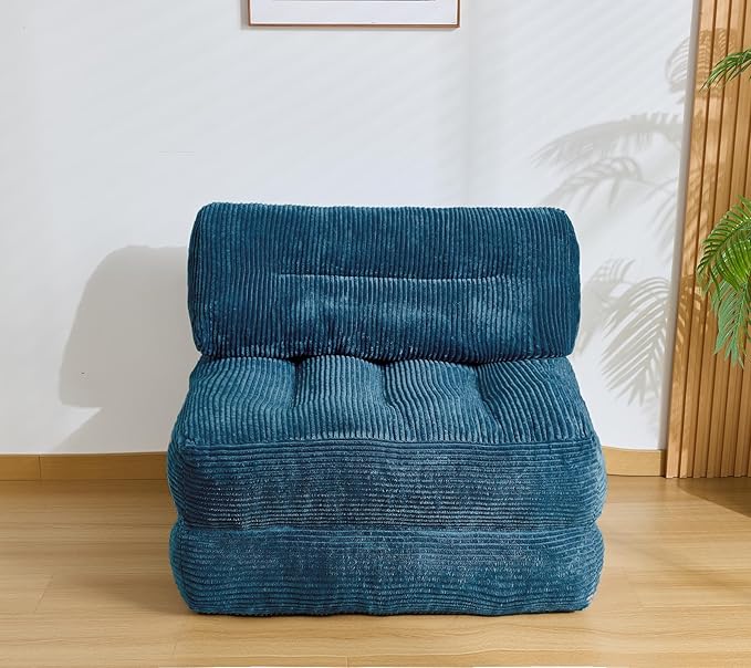 Kisoy Folding Sofa Bed, Convertible Sleeper Chair Couch Bed Faux Rabbit Fur for Adults, with Back Support Floor Couch Comfy Floor Sofa for Living Room Bedroom, Blue, Single