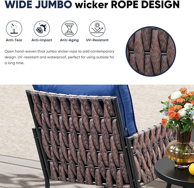 SunloungeCo Patio Furniture Set, 3-Piece Wider Outdoor Metal Seating Sofa with High Back, Coffee Ta ble, All Weather Rattan Conversation for Garden,Backyard, Poolside-Navy
