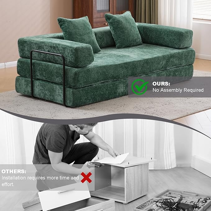 Floor Couch,Compression Sofa,Convertible Floor Sofa Bed-with Pillow Back Support Armrest,Comfy Futon Couch Lounge Sleeper Bed,Flannel Fabric,for Living Room Bedroom (Dark Green)