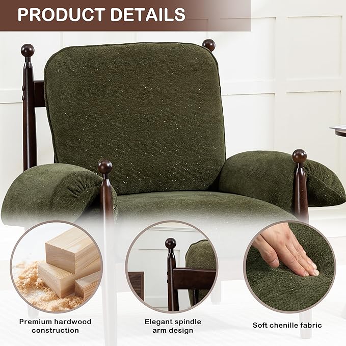AQO Mid Century Modern Accent Chair and Armchair, Plush Lounge Chair Set of 2 for Living Room, Soft Cushion & Solid Wood Frame, Green