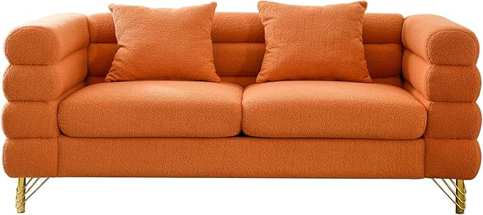 mikibama Modern Teddy Loveseat Sofa, 60 Inch Sectional Sofa Couch, Luxury 2 Seater Deep Couch with 2 Pillows and Gold Metal Legs for Living Room, Bedroom, Apartment (Orange)