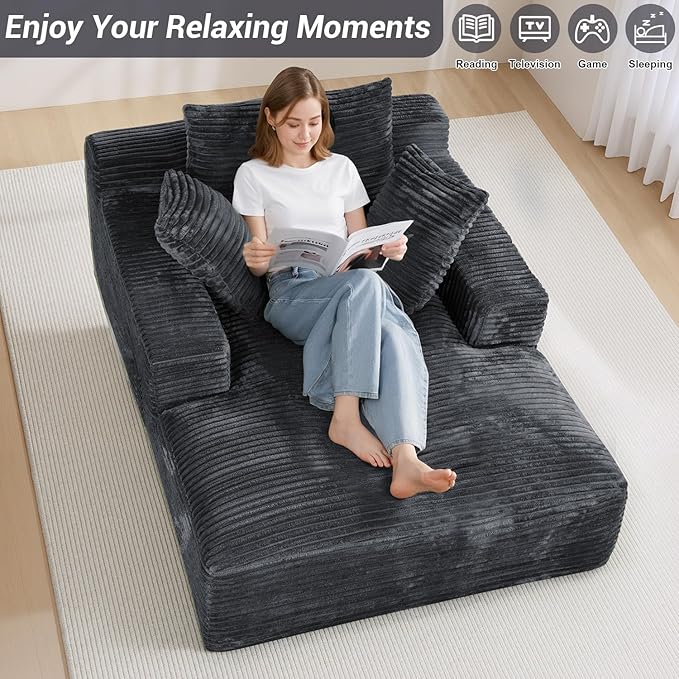 50"W x 68"D Oversized Chaise Lounge Chair Indoor Boneless Reading Chair Plush Corduroy Recliner Large Deep Seat Upholstered Sleeper Comfy Sofa Couch with 3 Pillows for Living Room Bedroom, Dark Gray