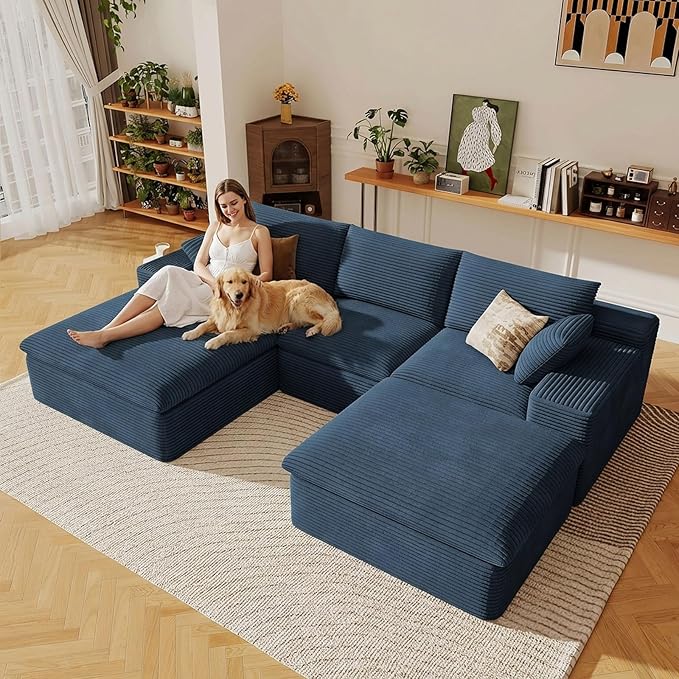 107" Cloud Sectional Couch with U-Shaped Chaise,Corduroy Viral Boneless Sofa with Ottoman,Memory Foam Couches in a Box with Deep Seat for Living Room,No Assembly Required (Blue,Left-Facing Chaise)