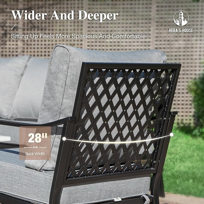 HERA'S HOUSE 4 Piece Metal Patio Furniture Set, All Weather Outdoor Conversation Set with 3 Seat Sofa, 2 x Cushioned Fixed Chair & Coffee Table, Seats 5 for Backyard, Garden, Deck, Grey