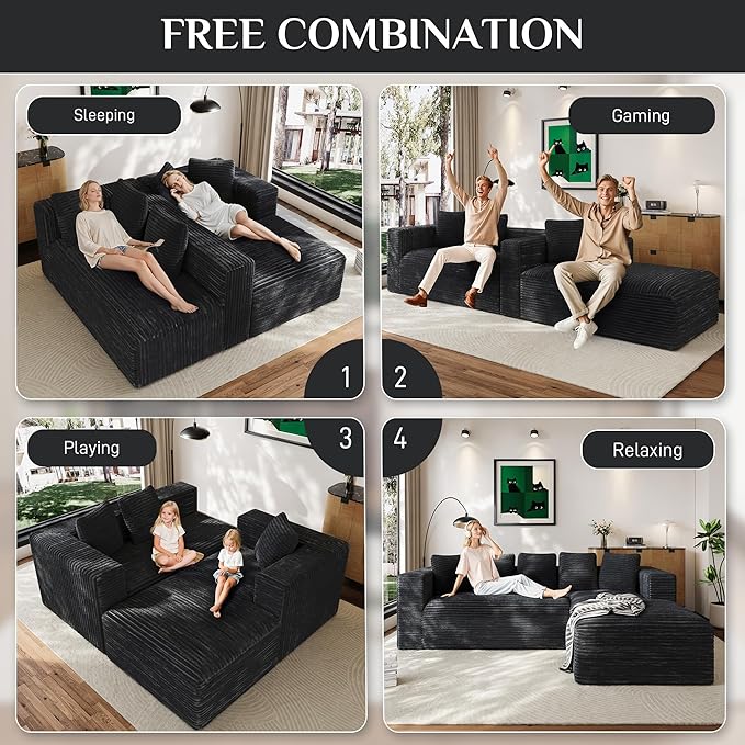 Modular Sectional Sofa, 107" L Shaped Cloud Couch Plush Corduroy Deep Seat Boneless Sofas with 5 Pillows Long Chaise Lounge Couches Memory Foam for Living Room - Dark Grey, Right Facing Chaise