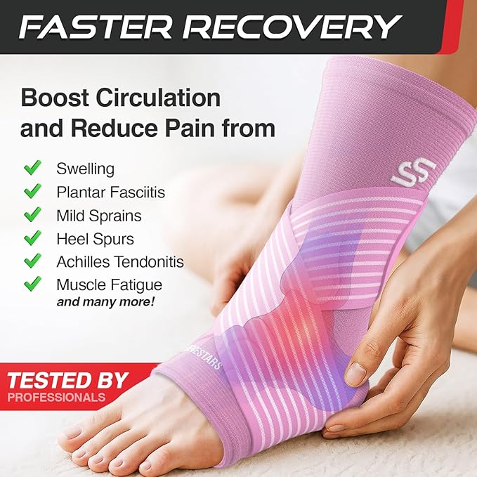 Sleeve Stars Ankle Brace for Women & Men, Ankle Wrap for Sprained Ankle, Compression Sleeve for Plantar Fasciitis Relief, Easy Customizable Support: w/Removable Strap (Single/S:9"-10"/Baby Pink)