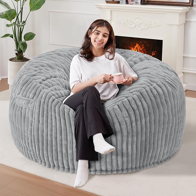Homguava 3 FT Bean Bag Chair,3' Big Bean Bag,Large Bean Bag Chairs for Adults with Memory Foam Filled,Comfy Beanbag Chairs Soft Bean Bag Sofa with Dutch Corded Plush Cover-Light Grey
