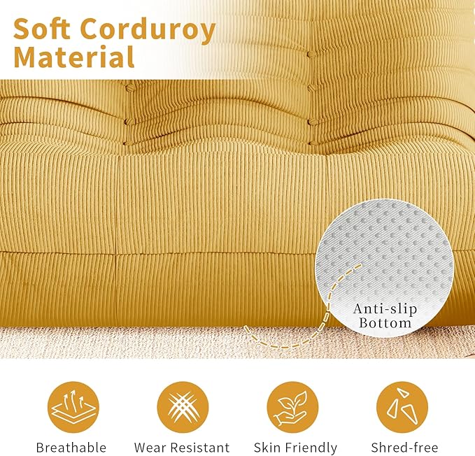 Foam Floor Lazy Couch Bean Bag Chair Sofa Fireside 3 Seat Lounger Couches for Adults Oversize Corduroy Cozy Chair for Home, Apartment and Gaming Venue,Yellow