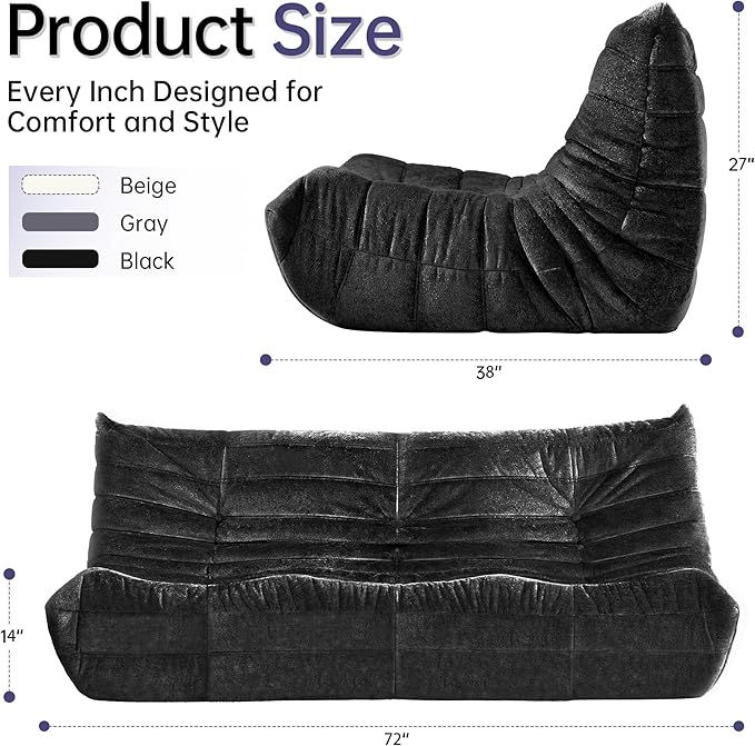 HABUTWAY Bean Bag Chair, Giant Bean Bag Chairs for Adults, 3 Seater Fireside Chair, Lazy Large Floor Bean Bag Sofa for Living Room, Bedroom, Dorm, Office (Black)