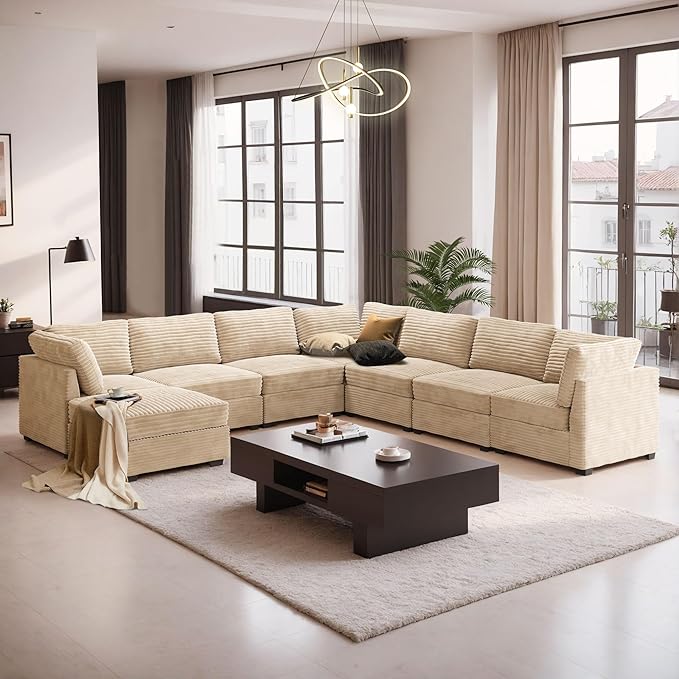 CAODOC Large 8 Seat Modular Sectional Sofa with Ottoman Seat Corduroy Sleeper Sectional Sofa Bed Oversized Convertible Modular Couch for Living Room