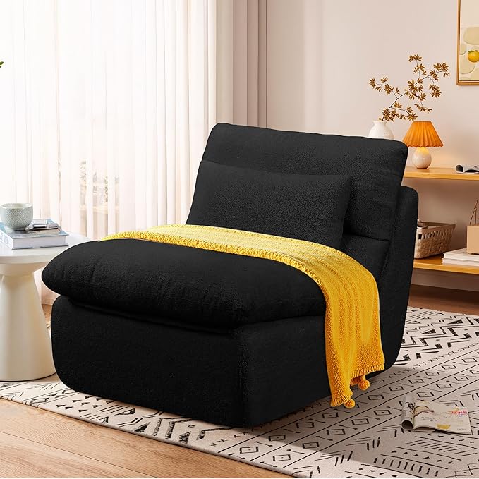 Boneless Single Sofa – 32” Teddy Plush Frameless Lounge Chair with High-Density Foam Support – No Assembly, Cloud Couch for Living Room, Bedroom, & Apartment (Black)