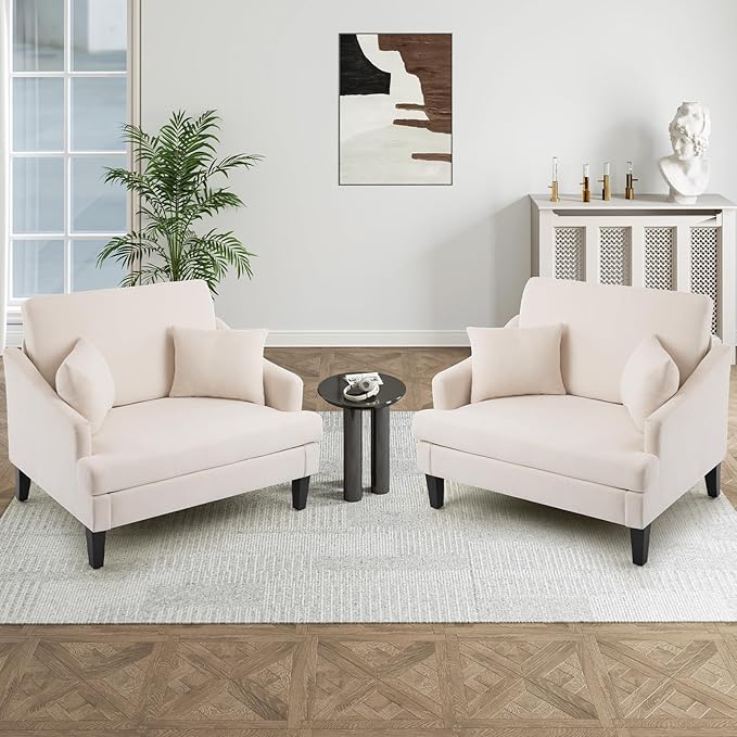 Bezseller Oversized Accent Chairs Set of 2, 33.5'' Wide Seat Comfy Armchair with 2 Pillows, Upholstered Big Reading Chair, Modern Single Sofa Chair for Living Room Bedroom Apartment Office, Beige