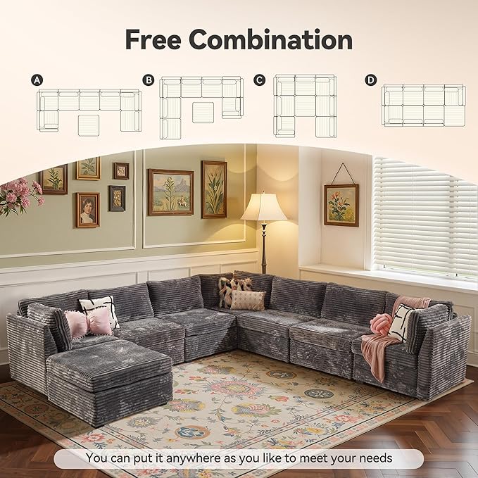 CAODOC Large 8 Seat Modular Sectional Sofa with Ottoman Seat Corduroy Sleeper Sectional Sofa Bed Oversized Convertible Modular Couch for Living Room