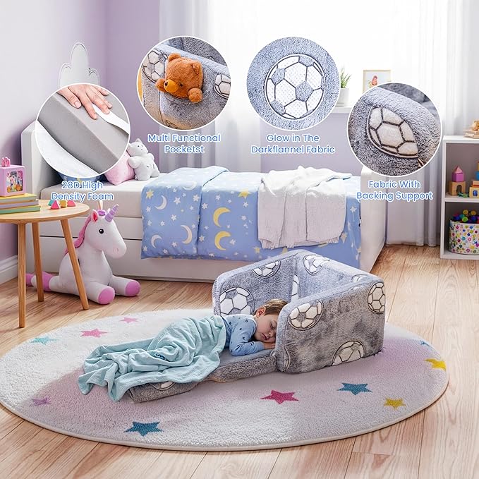 Lamerge 2-in-1 Soft Toddler Couch Fold Out,Foldable Toddler Chair, Glow in The Dark Kids Sofa for playroom,Convertible Foam and Floor Cushion for Boys and Girls (Grey and Football)