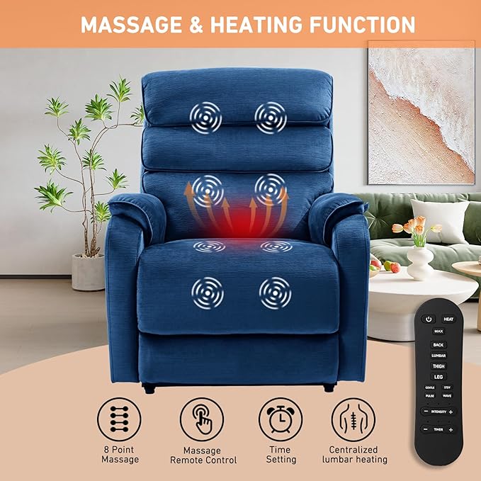 EONIX Wide Lay Flat Power Lift Recliner Chair for Elderly, Heavy Duty Oversized Fabric Lift Chairs Recliner Sofa with Heat and Massage and Charging Ports, Chenille Blue