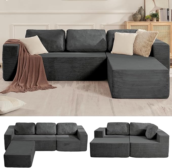 Furnify 40" Memory Foam Couch Footrest, Cloud Modular Sofa with Removable Cover, Upholstered Floor Sofa Ottoman, Upholstered Sofa for Bedroom Living Room, No Assembly Required (Corduroy Fabric, Grey)