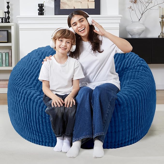 Homguava 3 FT Bean Bag Chair,3' Big Bean Bag,Large Bean Bag Chairs for Adults with Memory Foam Filled,Comfy Beanbag Chairs Soft Bean Bag Sofa with Dutch Corded Plush Cover-Blue