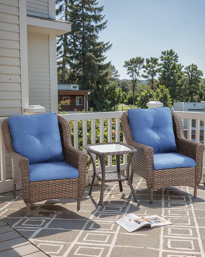 ACTREST Patio Wicker Chairs Outdoor Furniture Chair - Set of 2 Outside All Weather Lawn Dining Brown Rattan Armchair with High Back&Deep Seating for Deck Porch Balcony Backyard Garden - Navy Blue