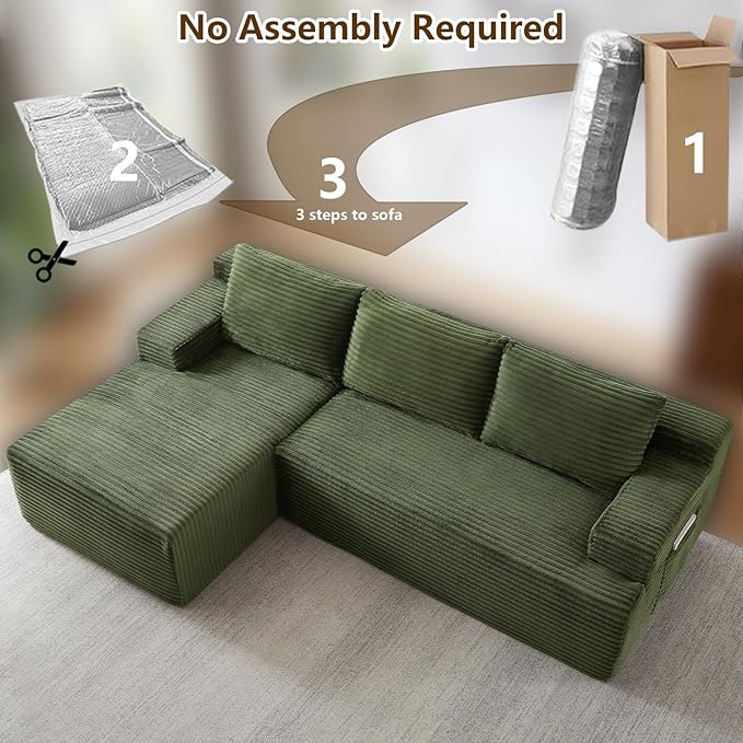 96.1" Modular Sectional Sofa Couches L-Shape Couch 3 Seat Modular Sofa Corduroy Memory Foam Sectional Boneless Couches for Living Room, Cloud Couch with Oversized Chaise(Green, Left Facing)