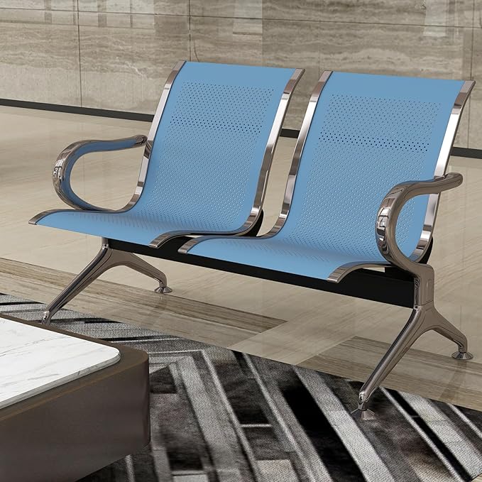 Kinfant 2-Seat Waiting Room Chair - Office Guest Reception Chairs with Ergonomic Backrests, Airport Waiting Bench with Armrests, Metal Waiting Furniture for Hospital, Bank, Salon, Blue