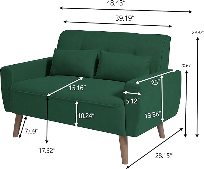 48" Loveseat Sofa, Mid Century Modern Small Couches for Living Room Bedroom Apartment, 2 Seater Love Seat, 2 Throw Pillows and Plastic Legs, Green