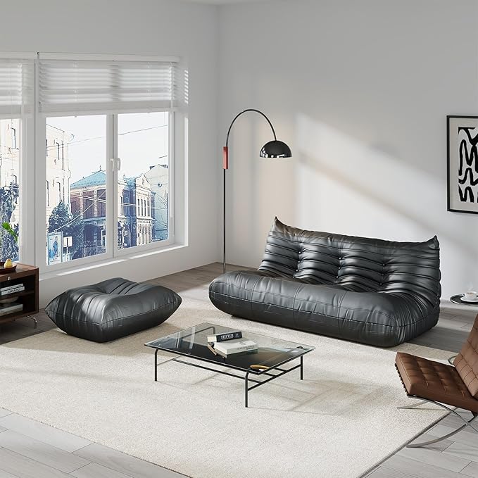 Comfy Lazy Floor Sofa Couch,Soft Armless Chair,Faux Leather Lounge Chair,Corner Relax Sofa Couch for Living Room Bedroom,Salon Office,Adults((Black+3P+ Ottoman)