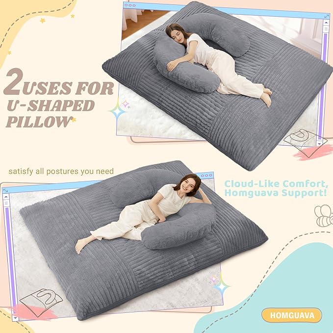 Homguava Giant Bean Bag Chair for Adults with Pillow, 4 in 1 Convertible Floor Cushion for Adluts, Memory Foamed Bean Bag Lounger with Washable Cover for Living Room, Bedroom