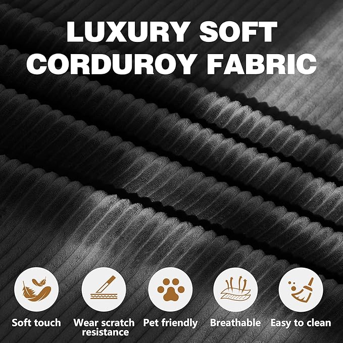 LIAROO 78.8" Convertible Sofa Bed - Compression Sofa with Corduroy Fabric - with Armrests and Backrest - Modular Sectional for Living Room, Bedroom, Studio - Compression Sofa in Box (Black)