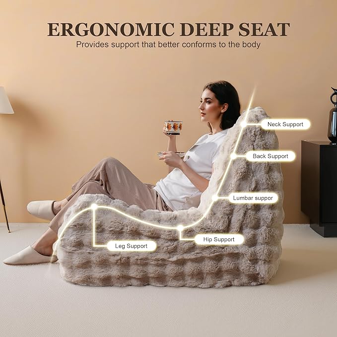 Bean Bag Chair for Adults, Lovely Bean Bag Chair with Plush Faux Fur, Lazy Floor Sofa, Comfy Reading Nook Chairs, Couch Single Sofa for Living Room Bedroom Office (Beige)
