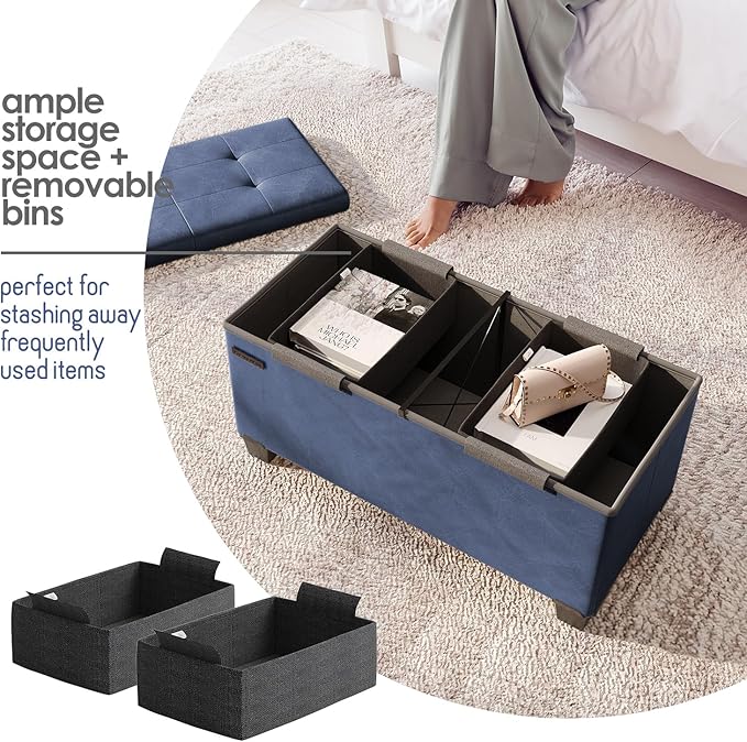 Storage Ottoman Bench with Bins, 30-in Storage Bench for Bedroom End of Bed, Folding Foot Rest Ottoman for Living Room Max 660lbs, Faux Leather Ottomans, Blue