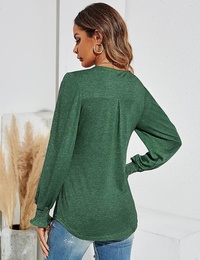 Romanstii Women's Casual V-Neck T-Shirts Loose Puff Long Sleeve Tops Tunic Blouses