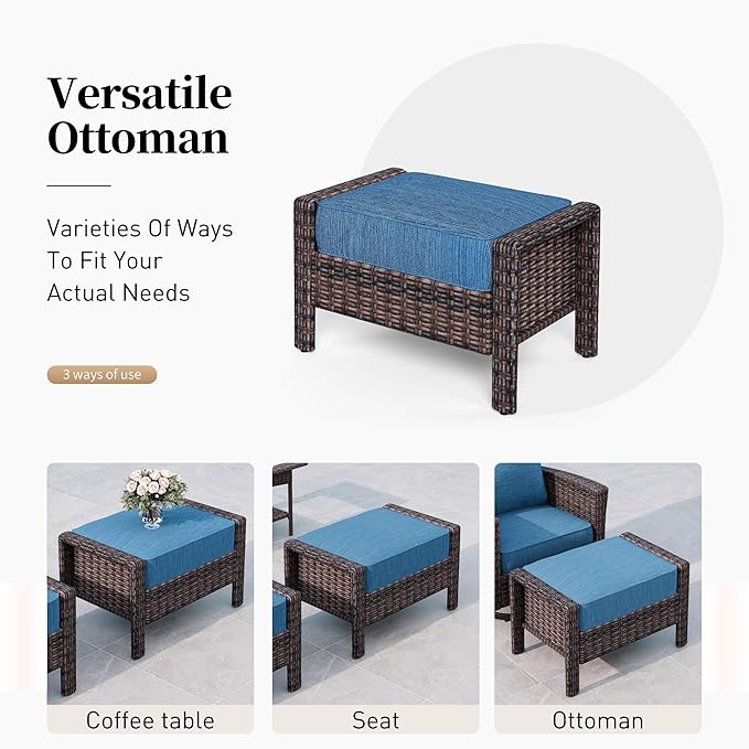 SUNSHINE VALLEY Patio Furniture Set with Swivel Chairs, High Back Wicker Rattan Sofa Chairs with 5.5" Thick Cushion and 2 Ottoman, Outdoor Conversation Set for Backyard Deck, Blue